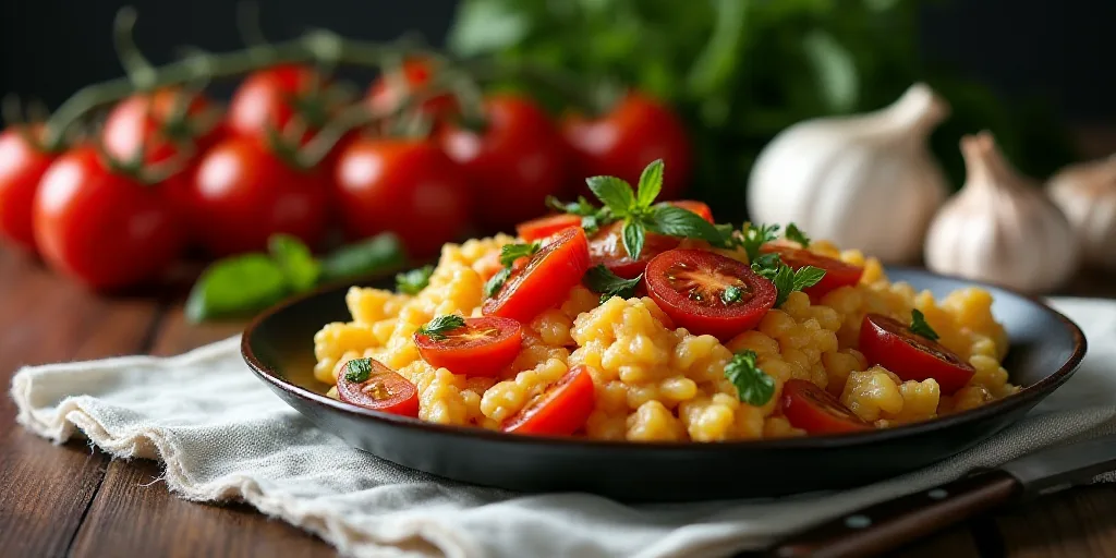 a dish of food with tomatoes and garlic on a table with a cloth and a knife and tomatoes on the tabl