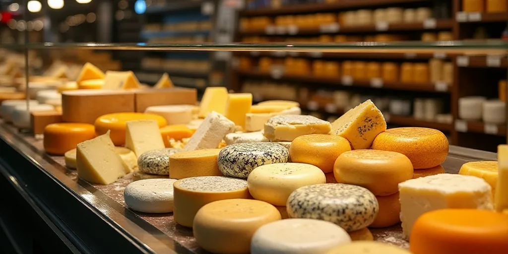 a display case filled with lots of different types of cheeses and cheeses on shelves in a store, Col