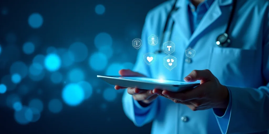 a doctor holding a tablet with medical icons in the background and a blue background with white line