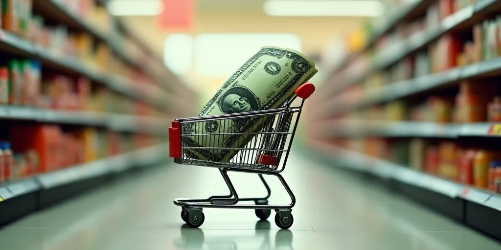 a dollar bill in a shopping cart and a shopping cart with a dollar bill in it in a grocery store, Do