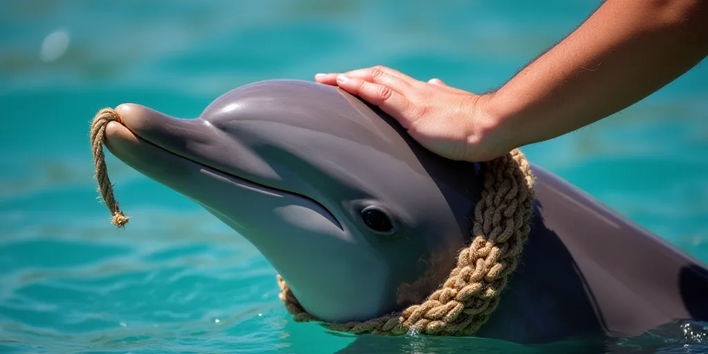a dolphin being petted by a person with a rope around its neck and a hand holding a rope, Bouchta El