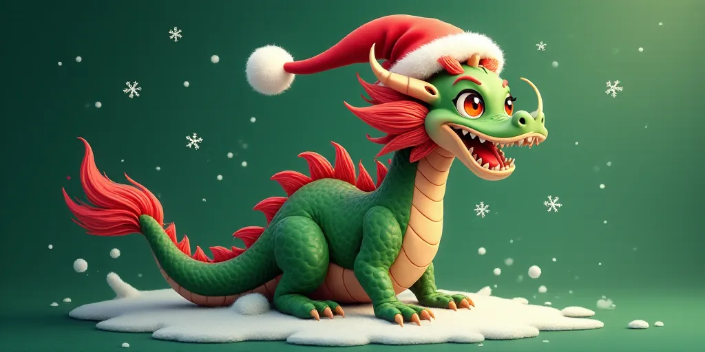 a dragon with a santa hat on its head and a green background with snowflakes and snowflakes, Dai Xi,