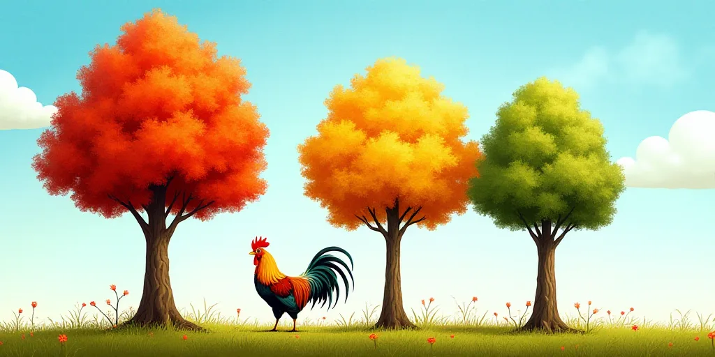 a drawing of a rooster in front of three colored trees with a sky background and grass area with a b