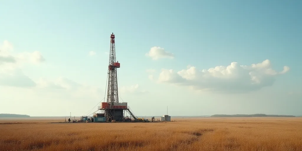a drilling rig in a field with a sky background and a few people standing around it and looking at i