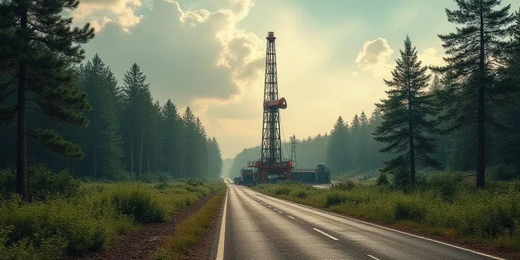 a drilling rig in a forest with a road running through it and trees in the background and a road run