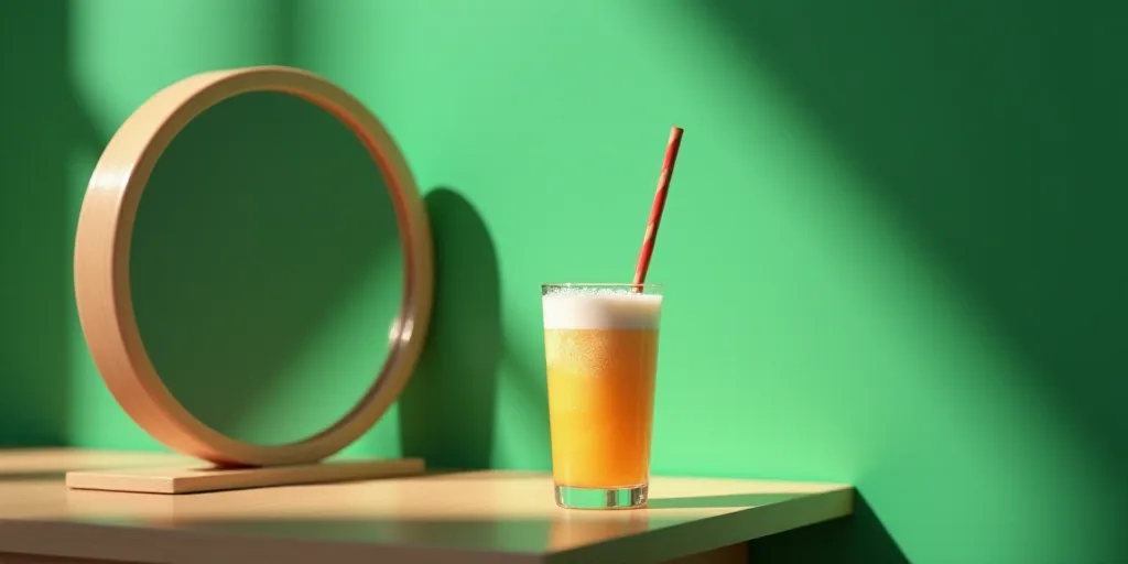 a drink with a straw in it sitting on a table next to a mirror with a green background and a circula