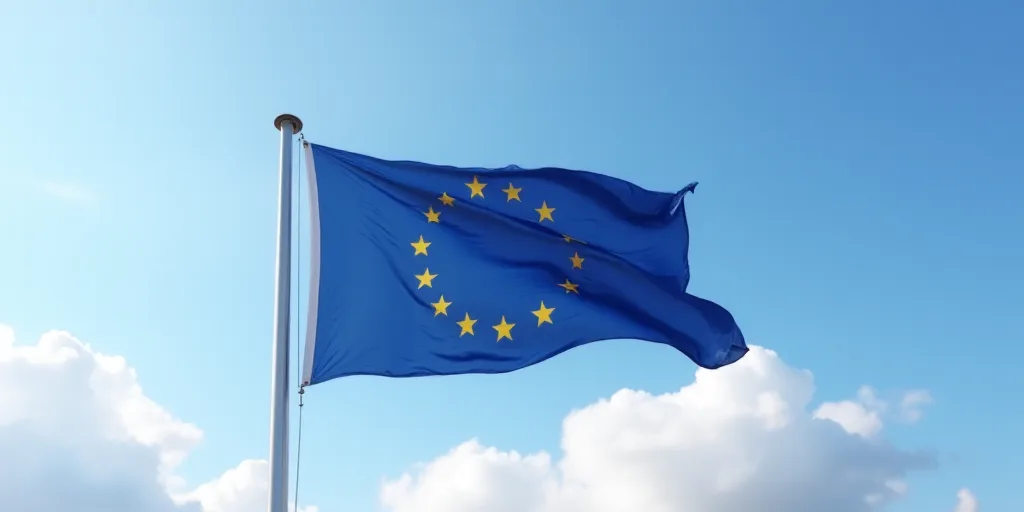 a european flag flying in the wind on a sunny day with clouds in the background and a blue sky with
