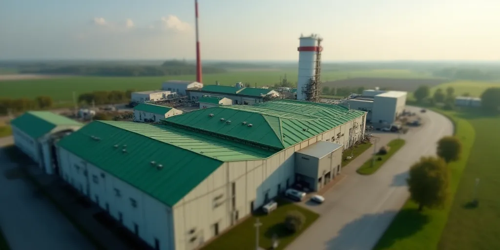 a factory with a large green roof and a red and white tower in the background and a road running thr
