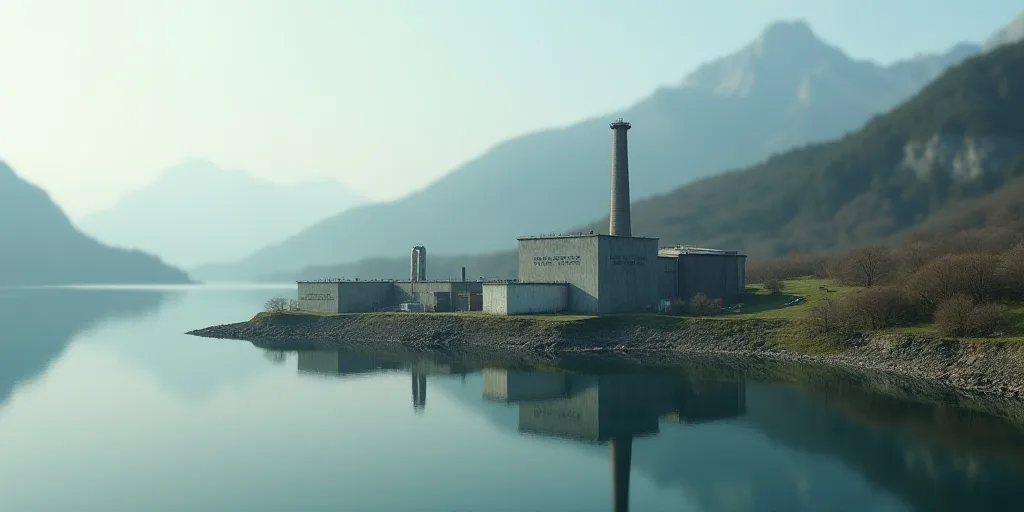 a factory with a large pipe sticking out of it's side next to a lake and mountains in the background