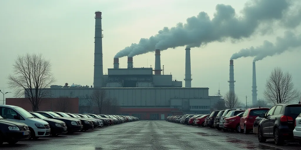 a factory with a lot of cars parked in front of it and smoke stacks in the background of the photo,