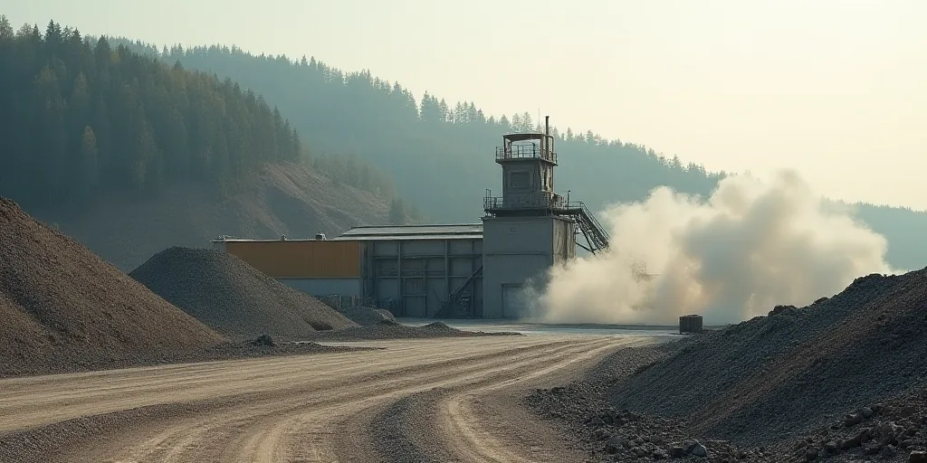 a factory with a lot of dirt and rocks in front of it and a hill of trees in the background, Avgust