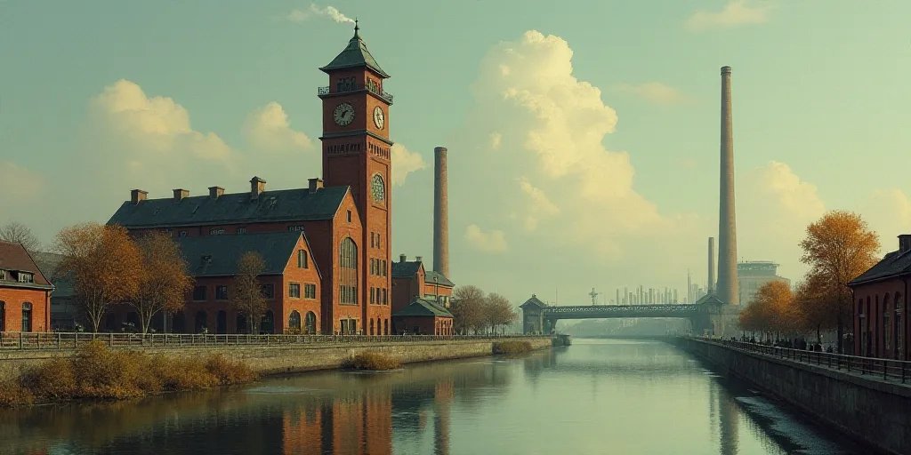 a factory with a sign on the side of it and a tower with a clock on it and a river in the background