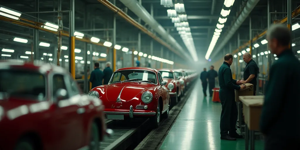 a factory with several vehicles on the assembly line and workers working on the assembly line and th