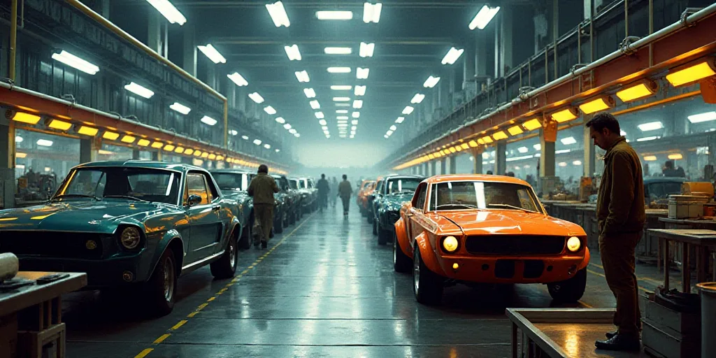 a factory with workers working on cars in the assembly line and a man standing on a platform working
