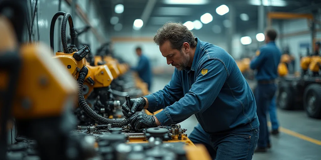 a factory worker working on a vehicle in a factory area with other workers working on machinery and