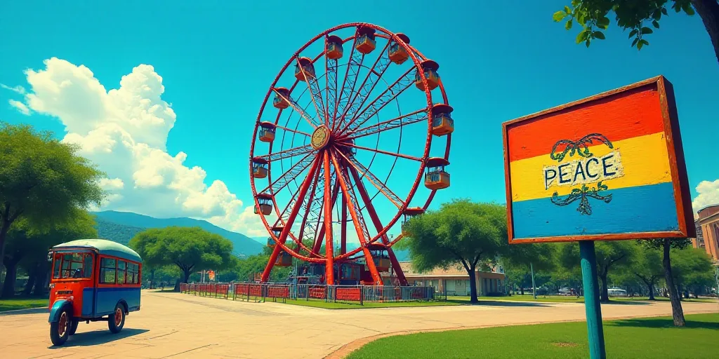 a ferris wheel and a sign that says peace in front of a park with a blue sky in the background, Fede