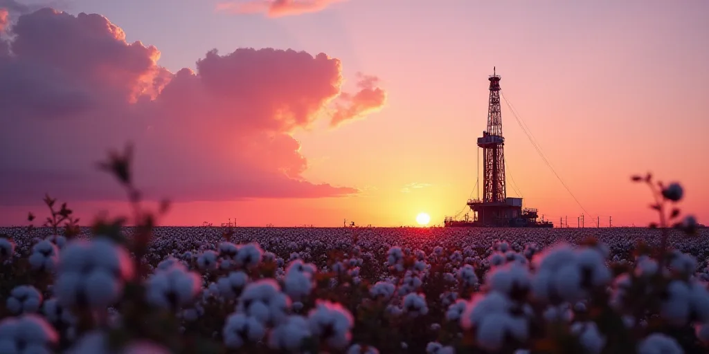 a field of cotton with a drilling rig in the background at sunset with a pink sky and clouds in the