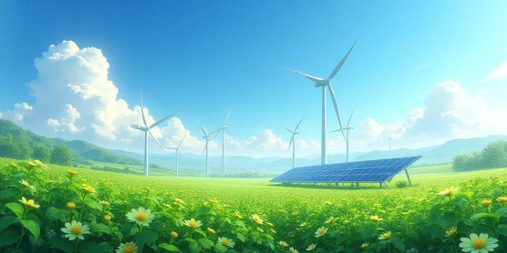 a field of plants with wind turbines in the background and a blue sky with clouds above it and a row