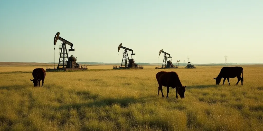 a field with oil pumps and cows grazing in the grass and a few cows grazing in the grass in the fore
