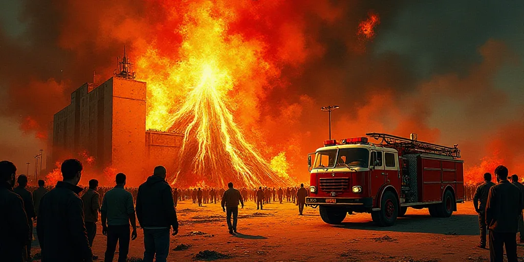 a fire is burning in a building with a bunch of people around it and a fire truck in the background,