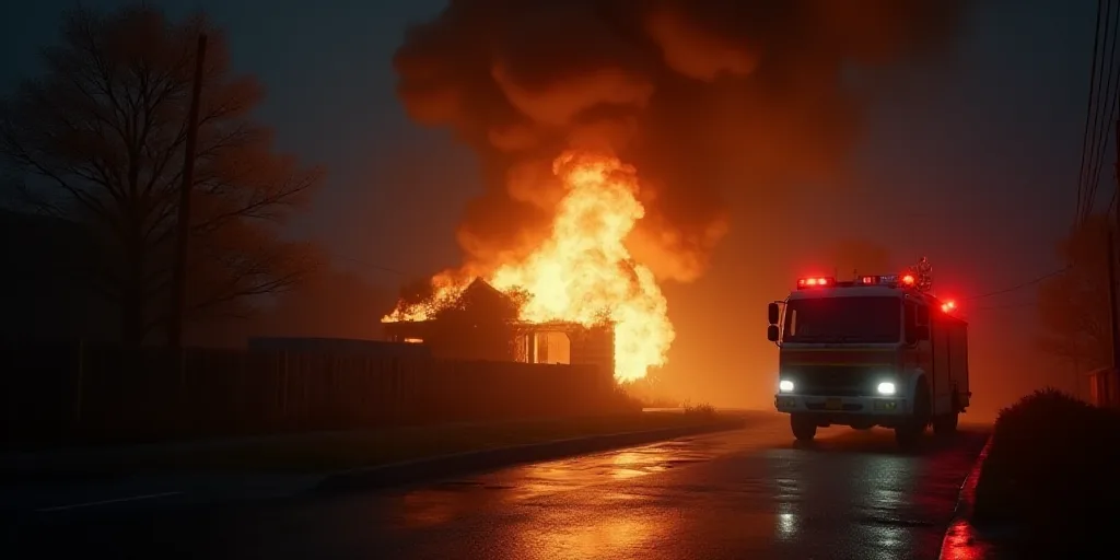 a fire is raging in a building at night time with lights on and a fire truck in the background, Afew
