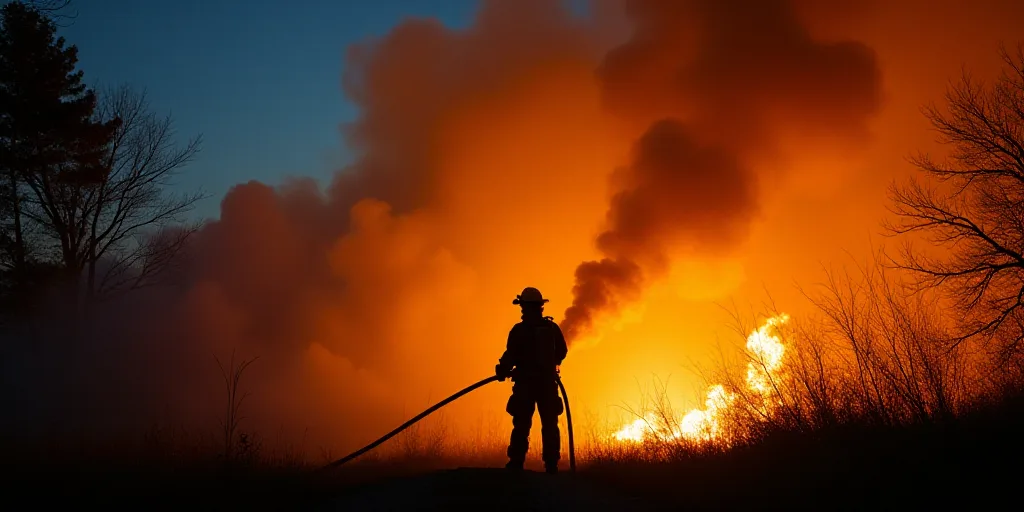 a firefighter is using a hose to extinguish a fire in the night sky with smoke, Elbridge Ayer Burban