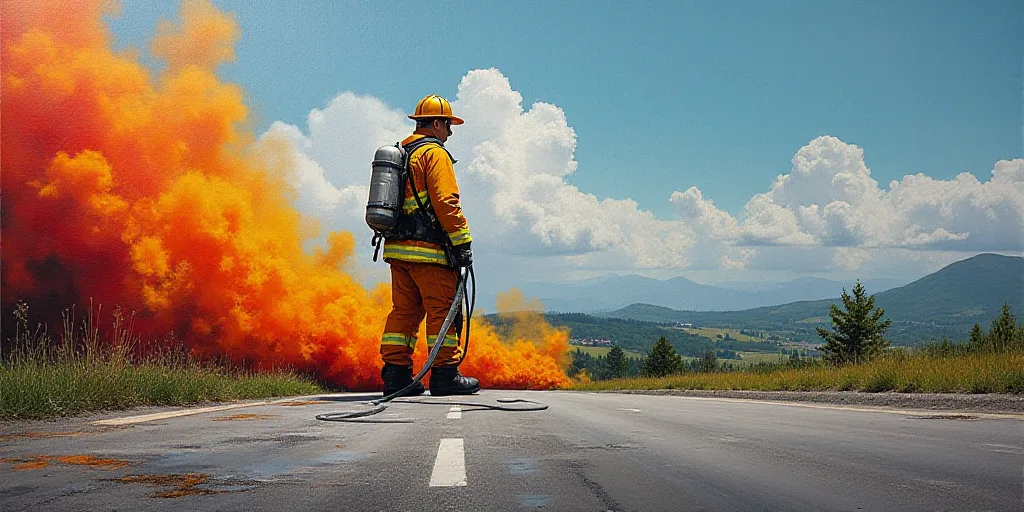 a fireman is standing on the side of the road with a hose in his hand and a helmet on his head, Avgu
