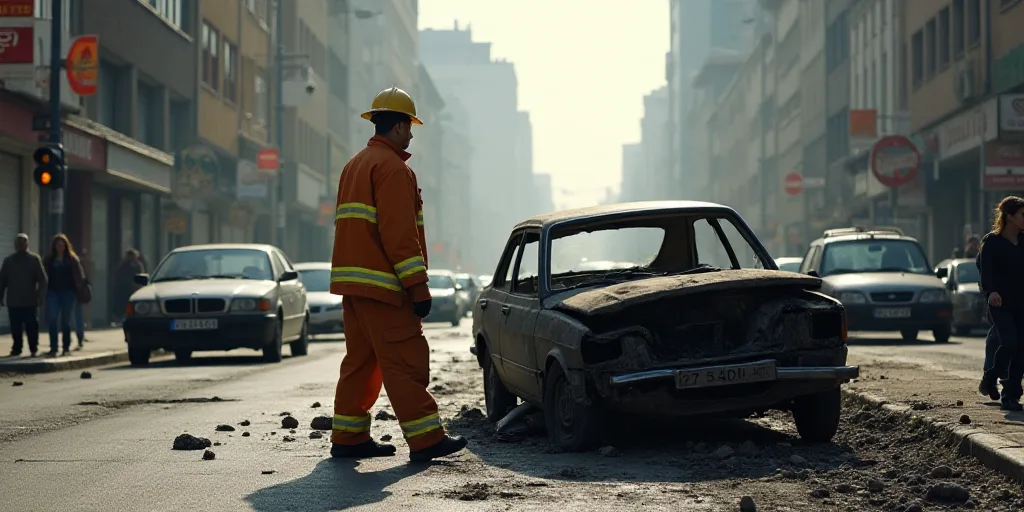 a fireman standing next to a car that has been destroyed in a city street with other cars and people