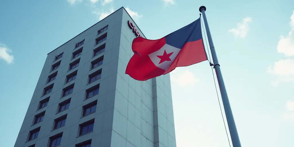 a flag flying in front of a citgo building with a citgo logo on it's side, Diego Giacometti, cgi, a