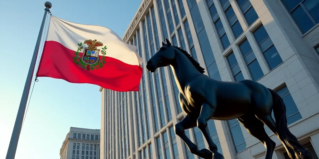 a flag flying in front of a tall building with windows in the background and a horse statue in the f