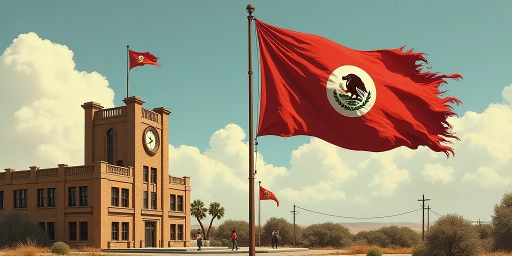 a flag flying in the wind next to a building with a clock on it's side and a flag pole, David Alfaro