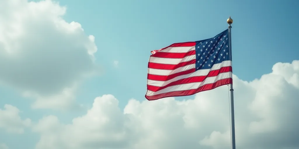 a flag flying in the wind on a cloudy day with a blue sky in the background and a few clouds in the