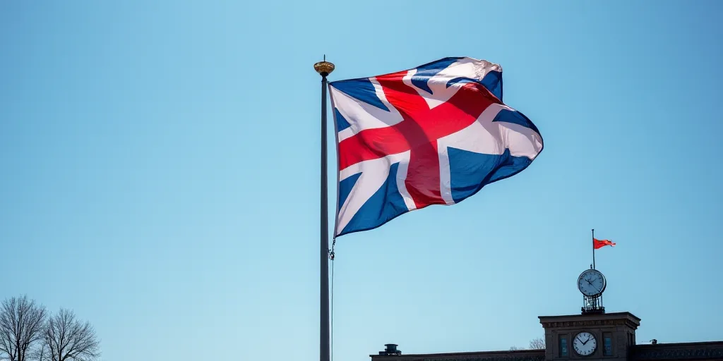 a flag flying in the wind on a flag pole with a blue sky in the background and a building with a clo