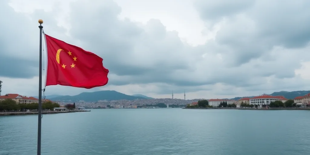 a flag flying in the wind over a body of water with buildings in the background and cloudy skies abo