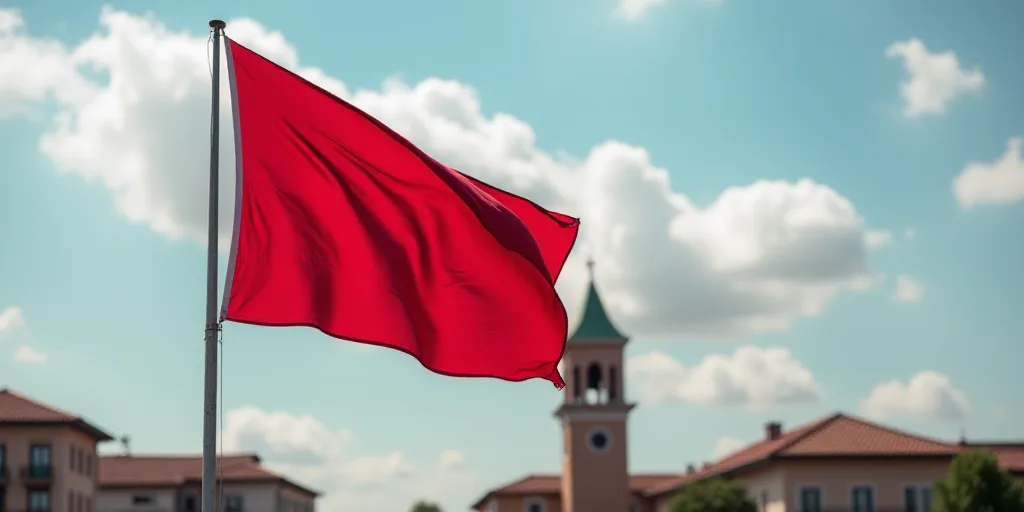 a flag flying in the wind with a sky background behind it and a building in the background with a cl