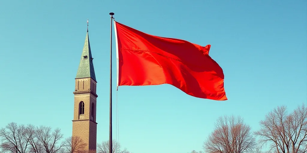 a flag flying in the wind with a blue sky in the background with a tower in the background and a few