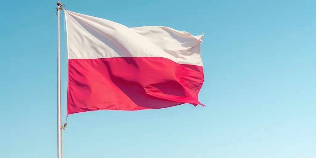 a flag flying in the wind with a blue sky in the background and a red and white stripe on the flag,