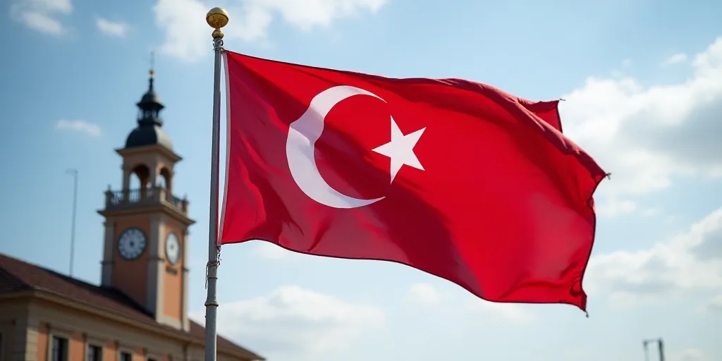 a flag flying in the wind with a sky background behind it and a building in the background with a cl