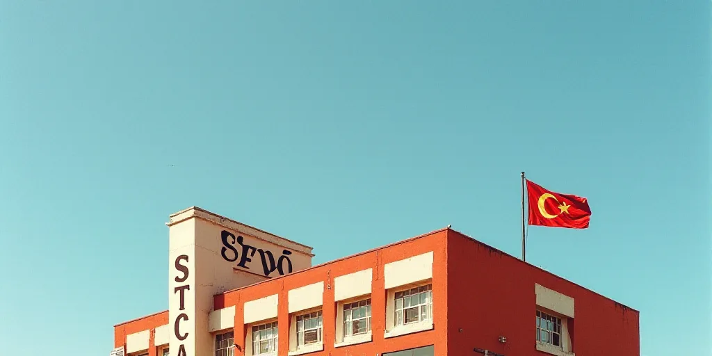 a flag flying on top of a building next to a sign that says stfc on it's side, David Alfaro Siqueiro