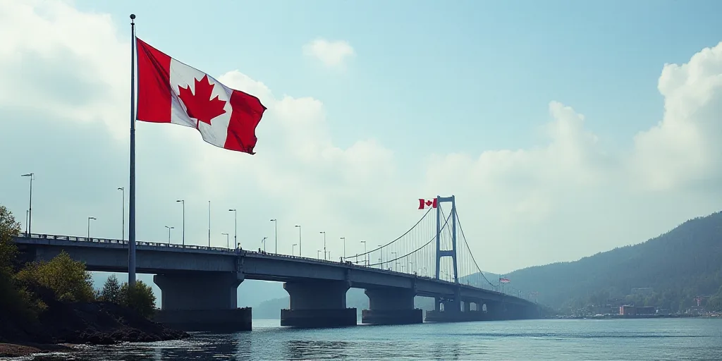 a flag flying over a bridge with a canadian flag in the background and another flag flying in the ba