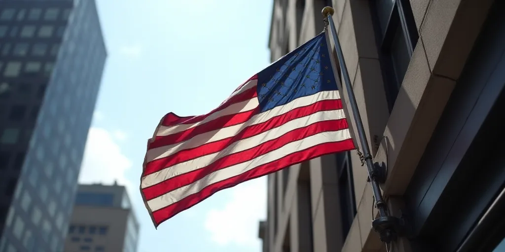 a flag is flying on the corner of a building in new york city, usa, on a flagpole, Andries Stock, sh