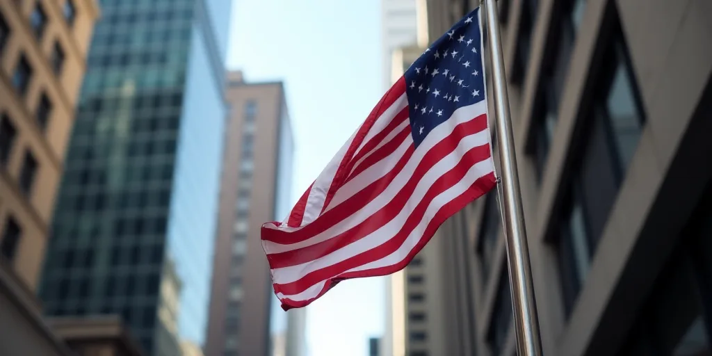 a flag is flying on the corner of a building in new york city, usa, on a flagpole, Andries Stock, sh