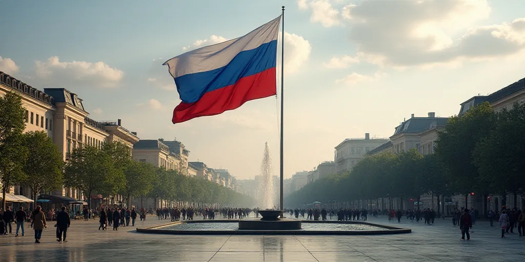 a flag is held up in a square in a city with buildings and people walking around it, and a fountain
