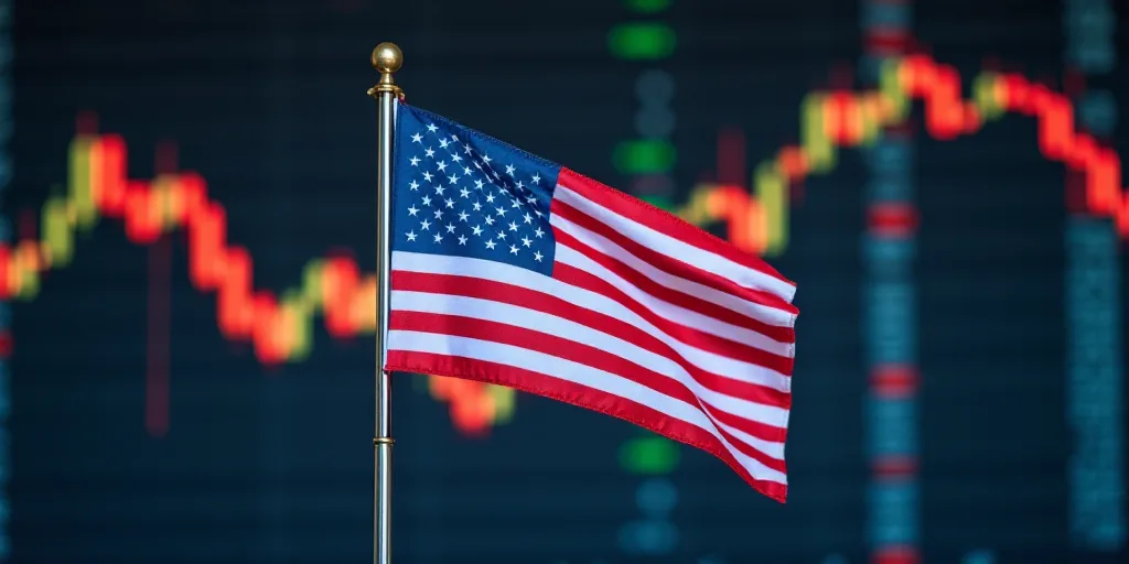 a flag is placed in front of a stock board with an american flag on it and a stock board in the back
