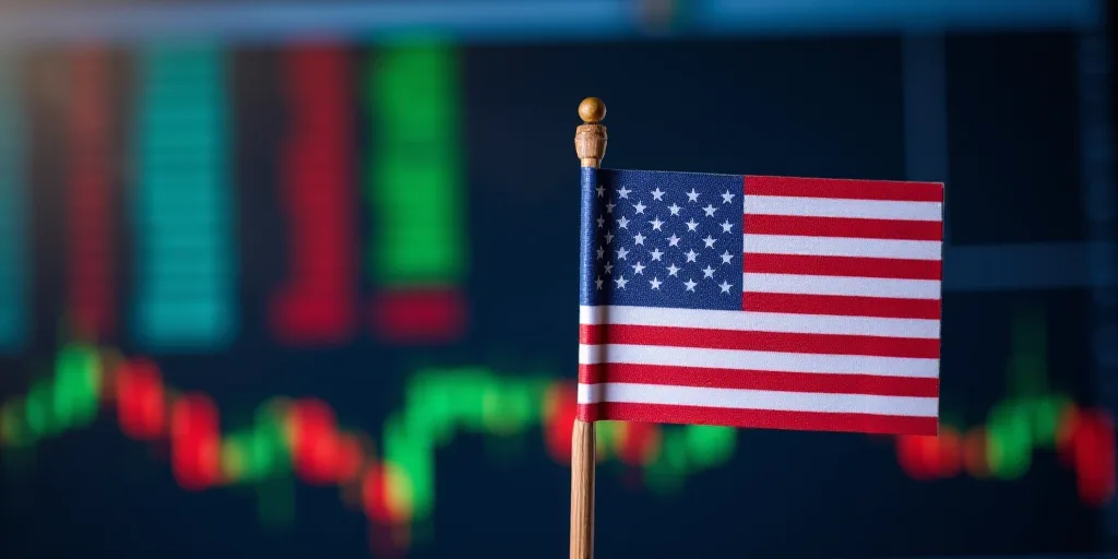a flag is placed in front of a stock board with an american flag on it and a stock board in the back