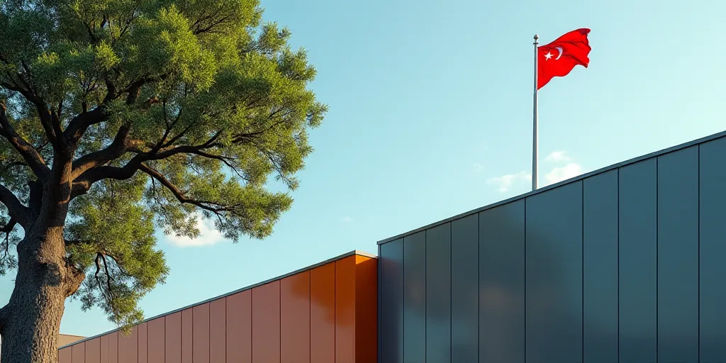 a flag on top of a building with a tree in the background and a sign in the foreground, Altichiero,