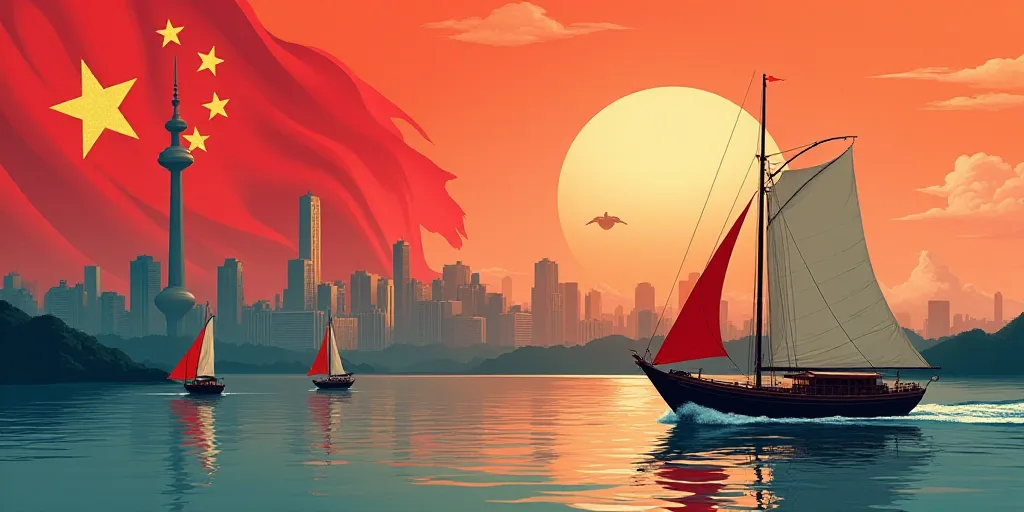 a flag with a city in the background in the foreground of a body of water with boats in the foregrou