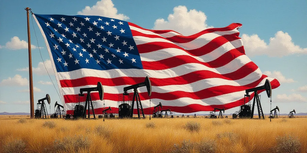 a flag with a picture of oil pumps in front of it and a flag in the background with stars, Evelyn Ab