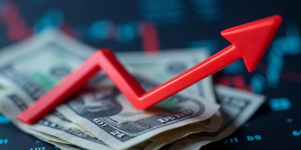 a flag with a red arrow on it and money in the background of a stock market chart and a red arrow, A