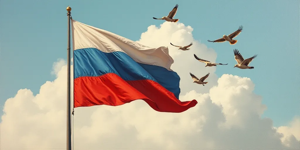a flag with birds flying around it in the sky above it and a flag pole in the foreground, Andrey Yef